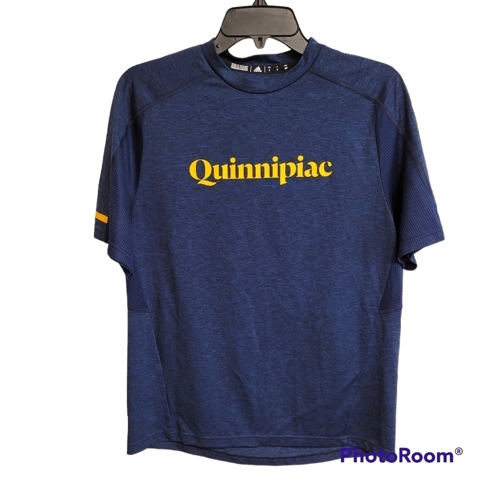Adidas Navy Blue Yellow‎ Graphic Quinnipiac Short Sleeve Athletic Top Size Small